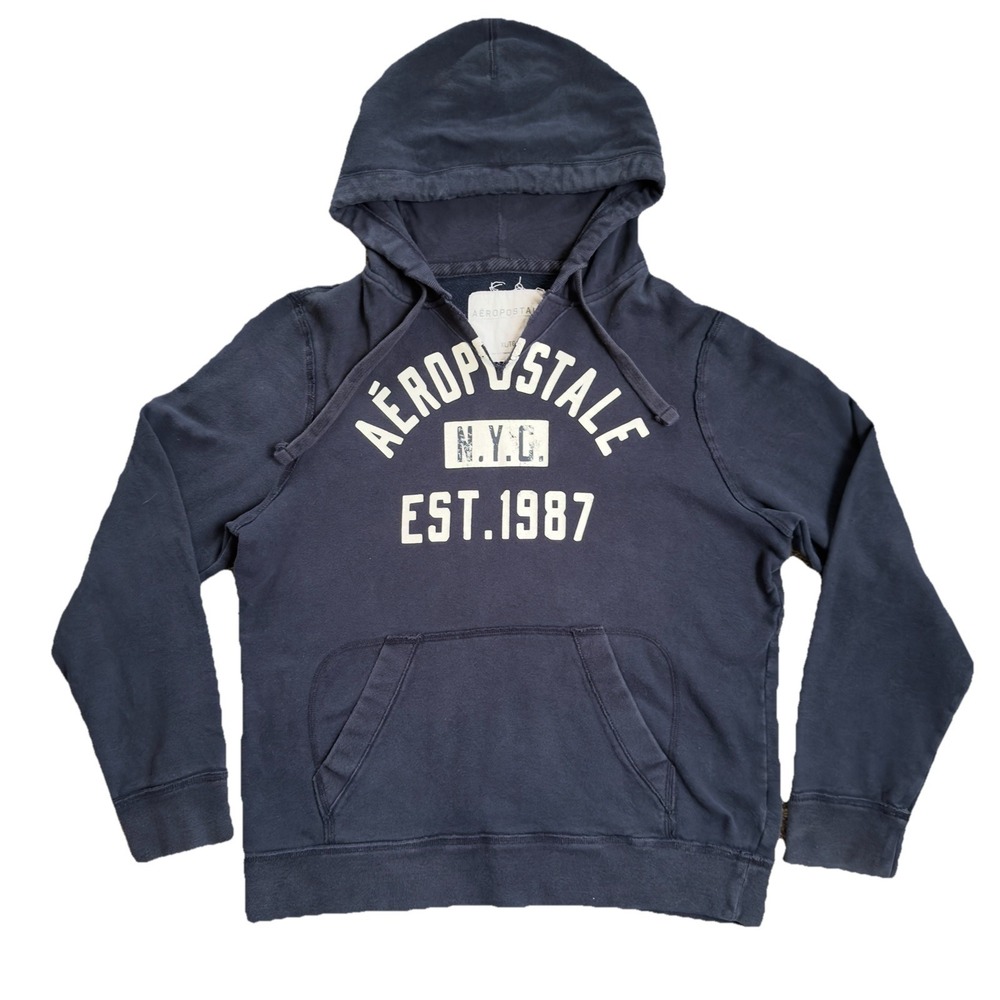 Y2K Aeropostale Men's Blue White Pull Over Hoodie‎ Sweatshirt Distressed Size XL